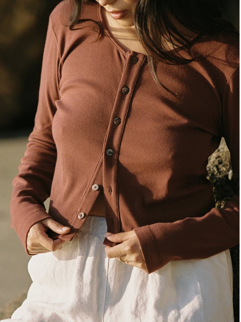 LA Relaxed Organic Rib Cardigan - Mocha